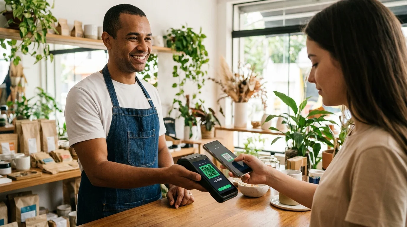 Comerciante recebendo pagamento PIX na maquininha DepixPay na sua loja