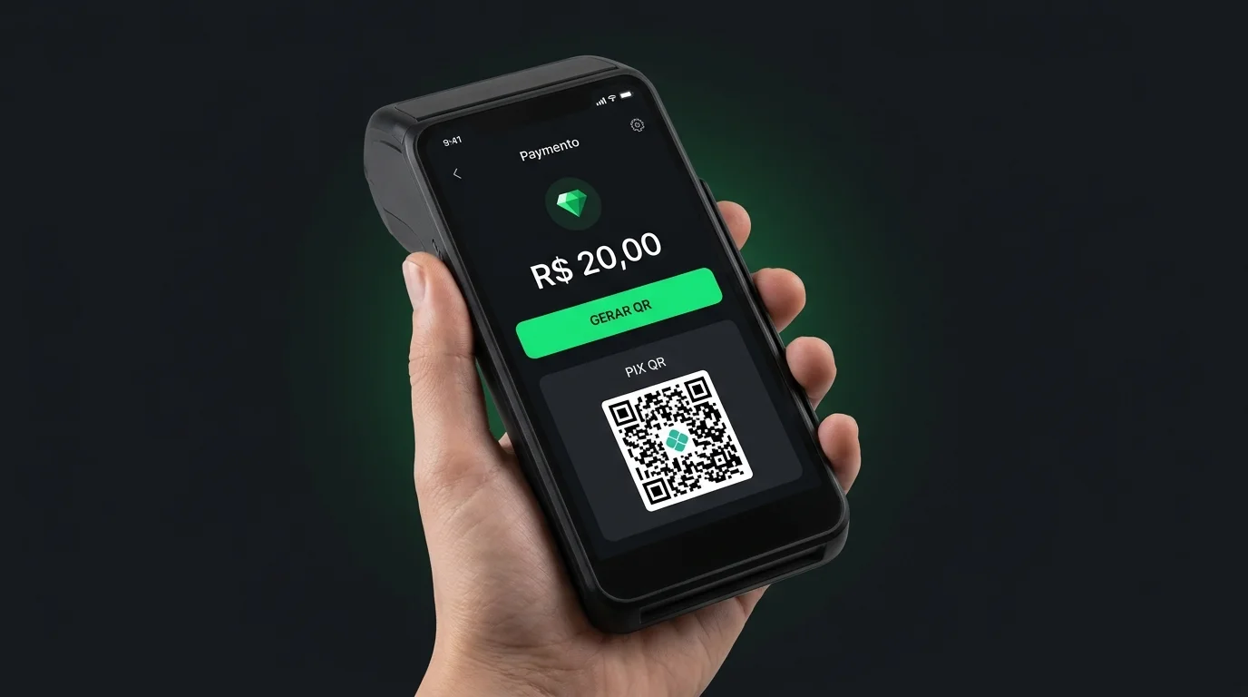 Maquininha DepixPay PDV mostrando R$ 20,00, botão GERAR QR e QR code PIX