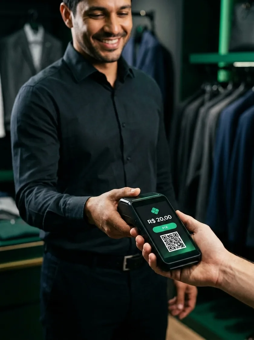 Comerciante recebendo pagamento na maquininha DepixPay