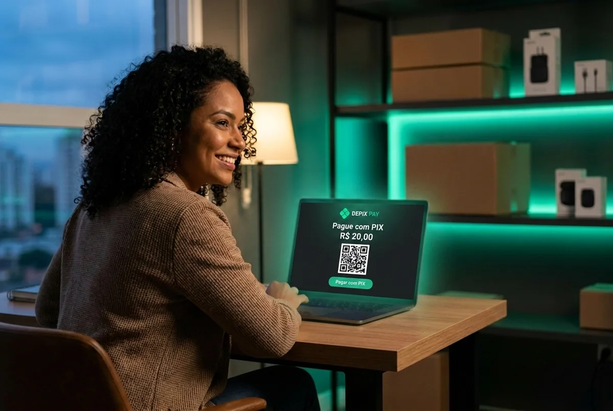 Checkout WooCommerce com DEPIX PAY — o cliente paga via PIX e o QR aparece na loja